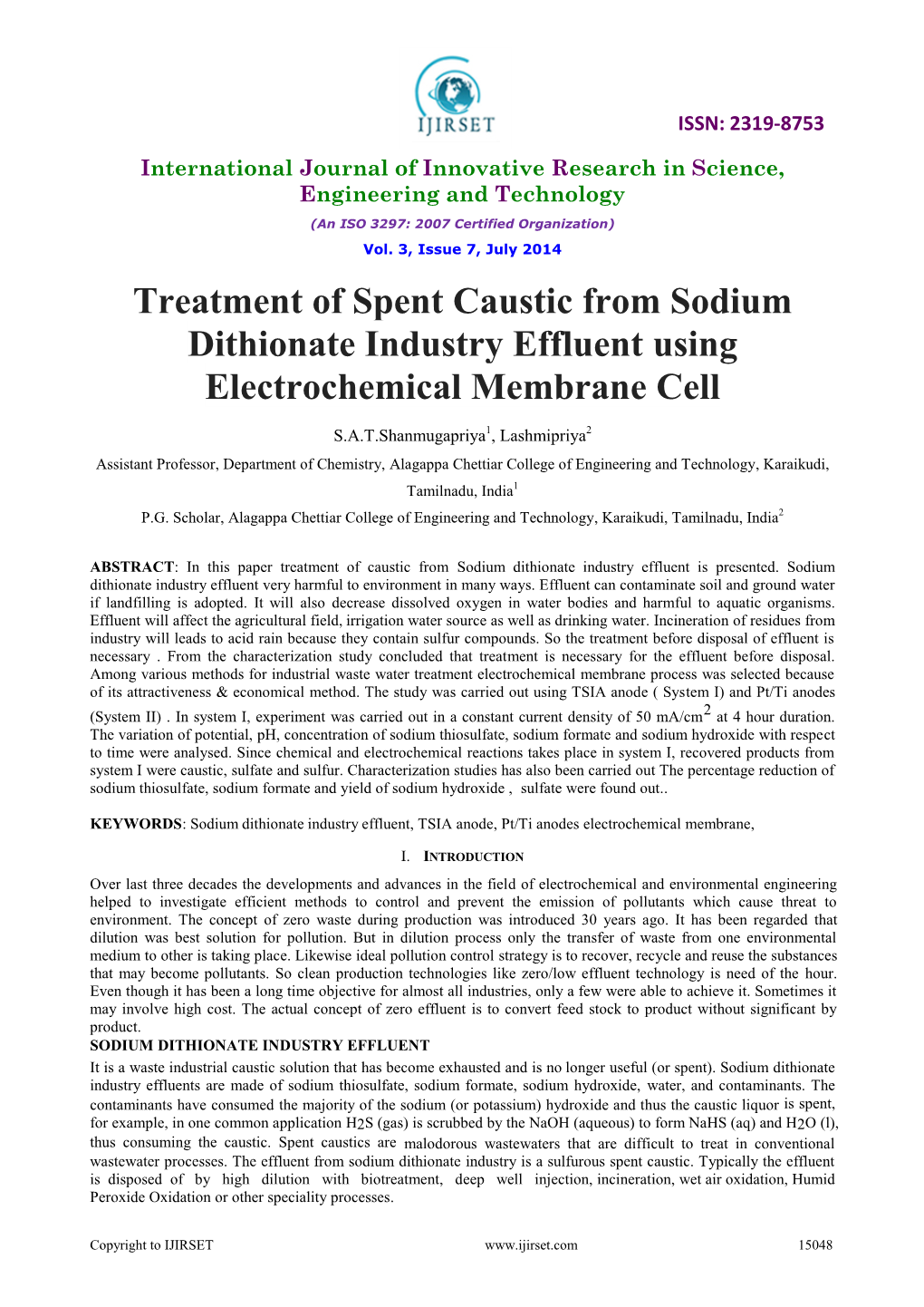 Treatment of Spent Caustic from Sodium Dithionate Industry Effluent Using Electrochemical Membrane Cell