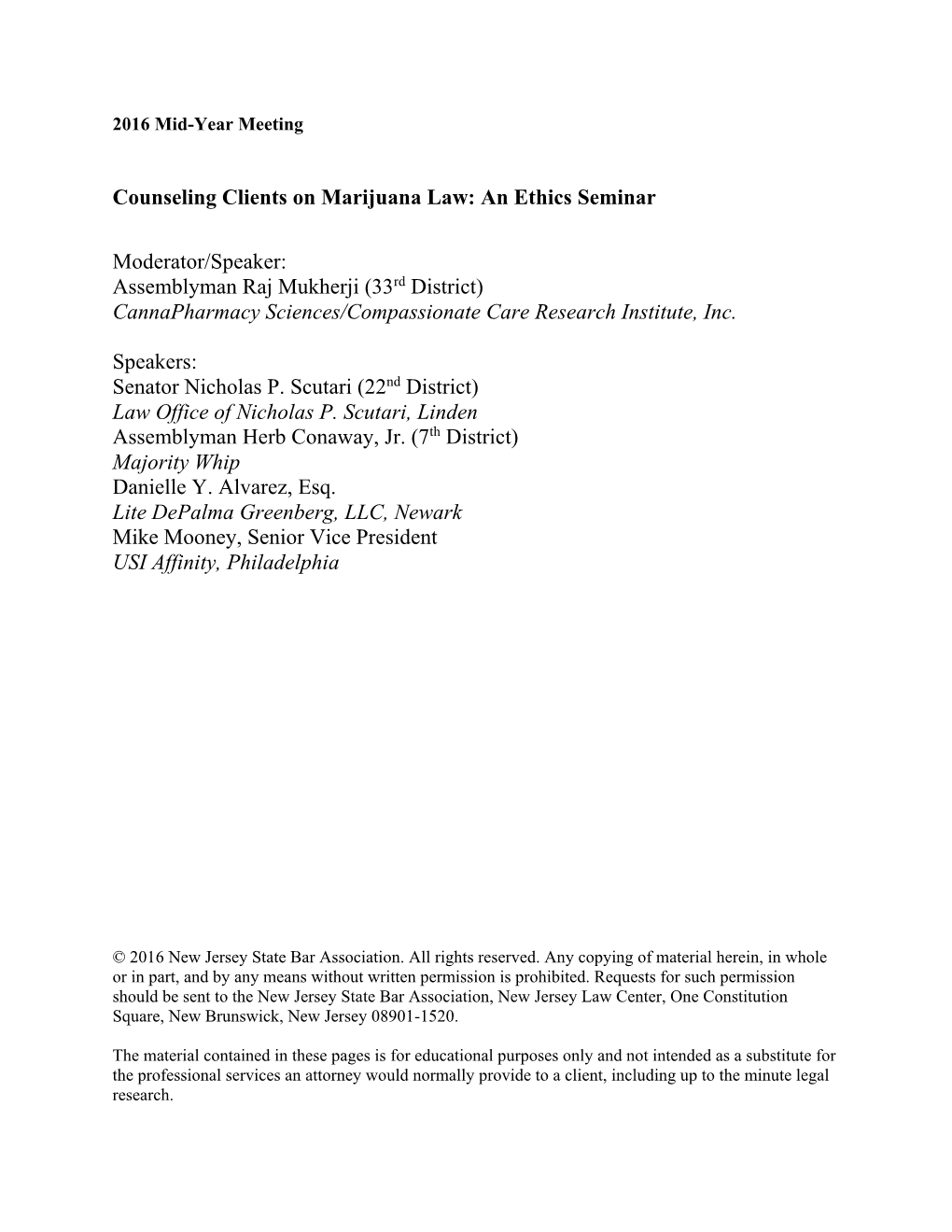 Counseling Clients on Marijuana Law: an Ethics Seminar