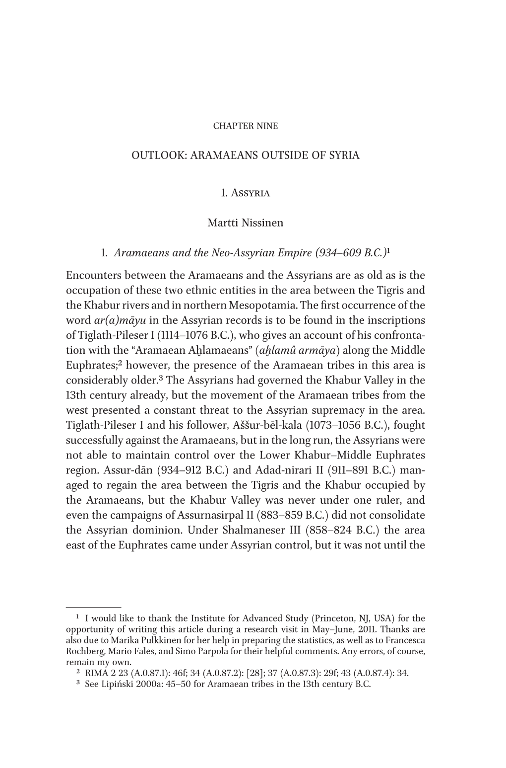 Aramaeans Outside of Syria 1. Assyria Martti Nissinen 1. Aramaeans