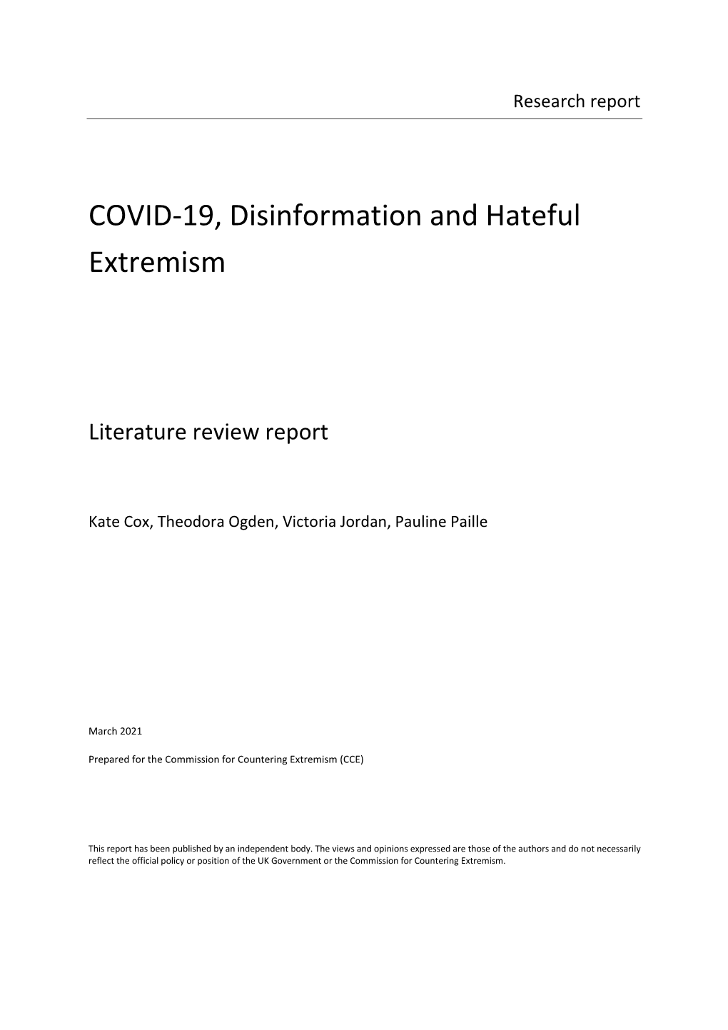 COVID-19, Disinformation and Hateful Extremism
