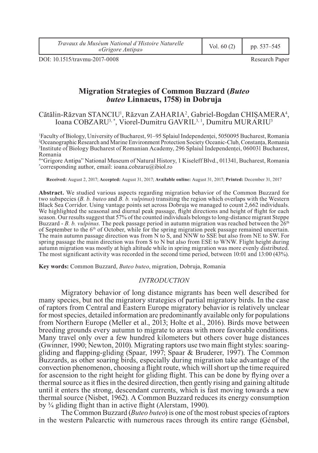 Migration Strategies of Common Buzzard (Buteo Buteo Linnaeus