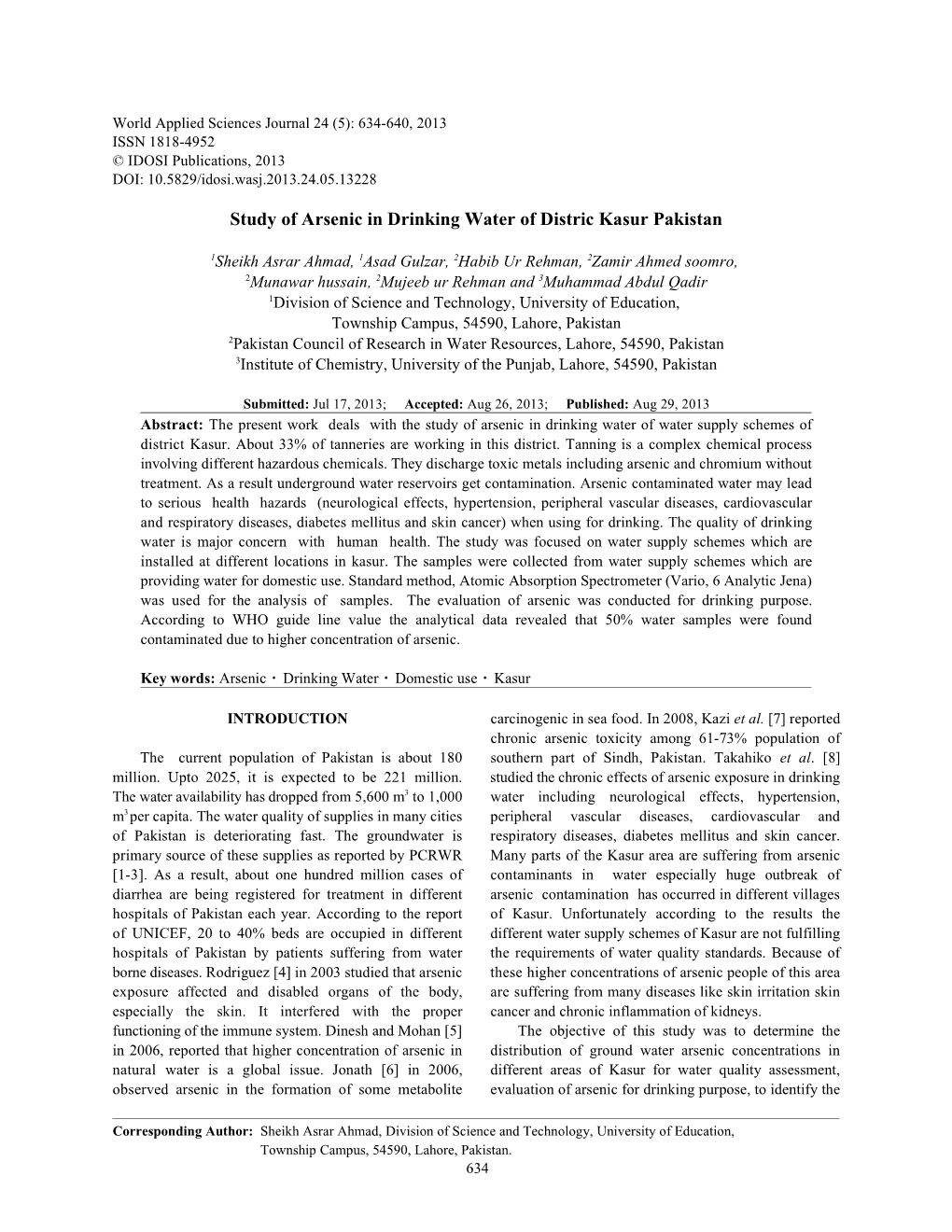 Study of Arsenic in Drinking Water of Distric Kasur Pakistan