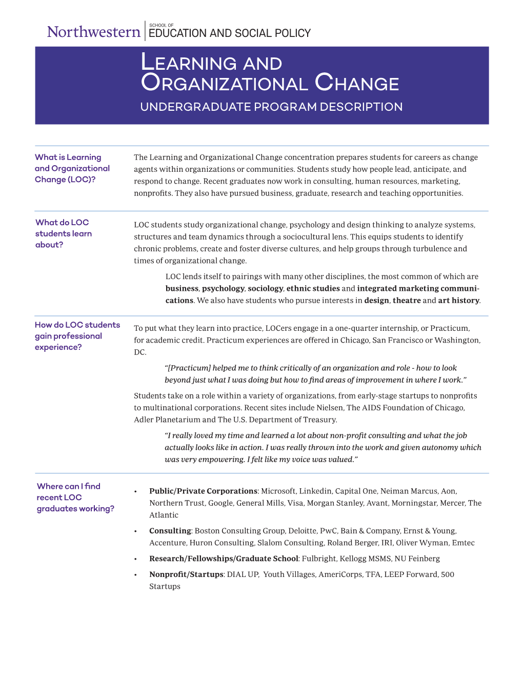 Learning and Organizational Change UNDERGRADUATE PROGRAM DESCRIPTION