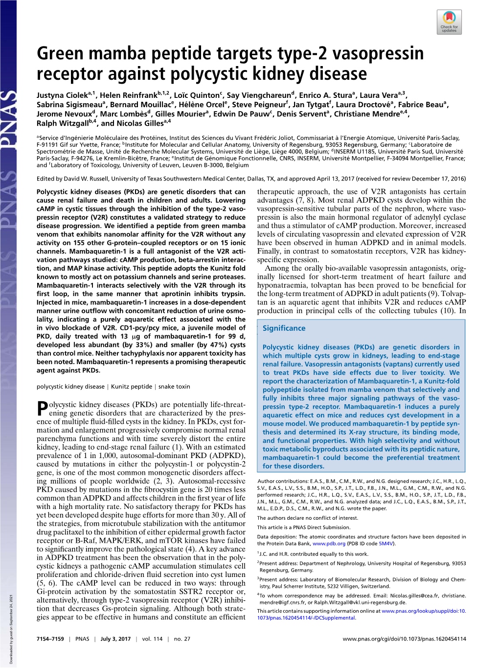 Green Mamba Peptide Targets Type-2 Vasopressin Receptor Against Polycystic Kidney Disease