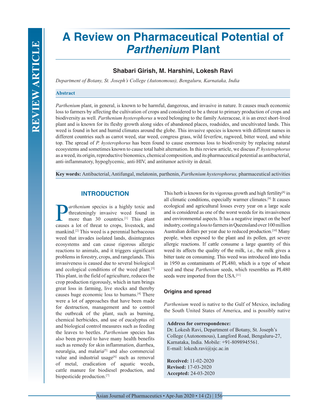 A Review on Pharmaceutical Potential of Parthenium Plant