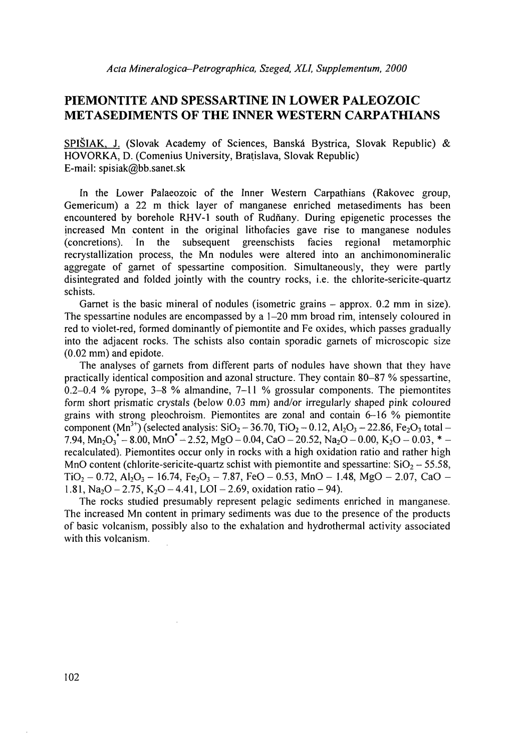 Piemontite and Spessartine in Lower Paleozoic Metasediments of the Inner Western Carpathians