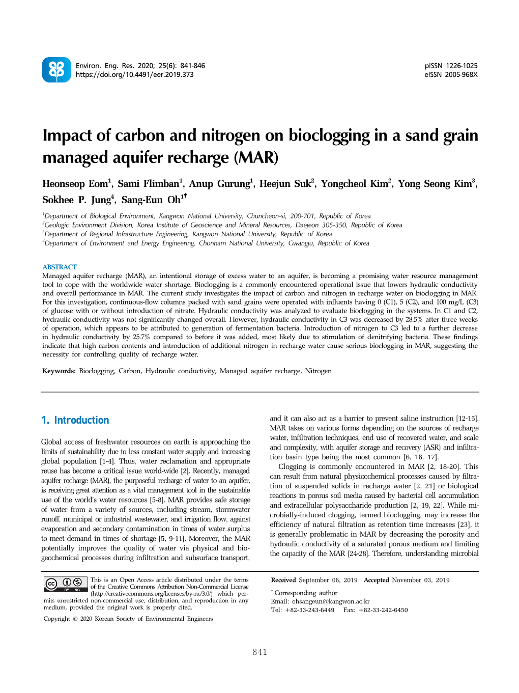 Impact of Carbon and Nitrogen on Bioclogging in a Sand Grain Managed Aquifer Recharge (MAR)