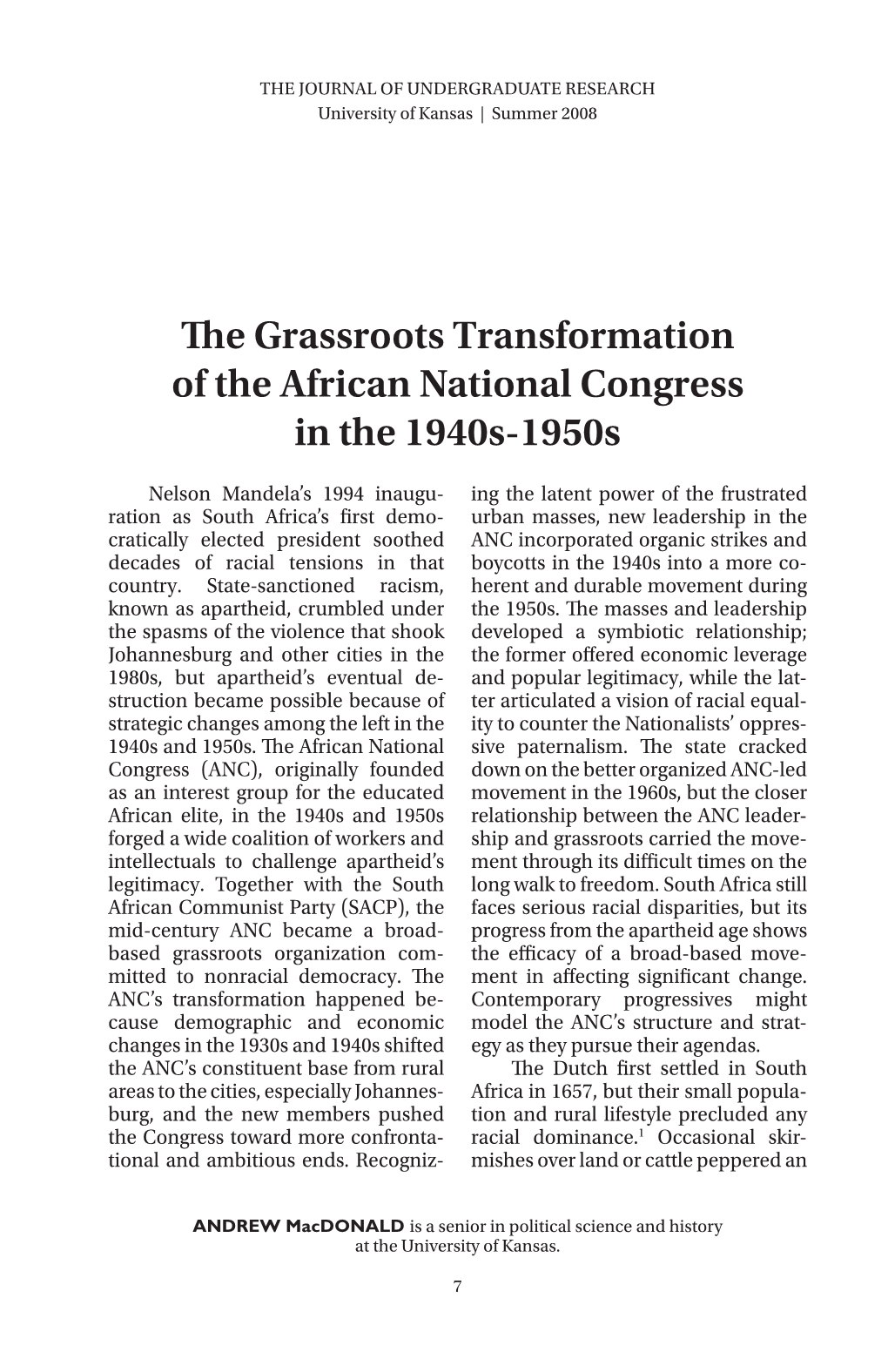 E Grassroots Transformation of the African National Congress in the 1940S-1950S