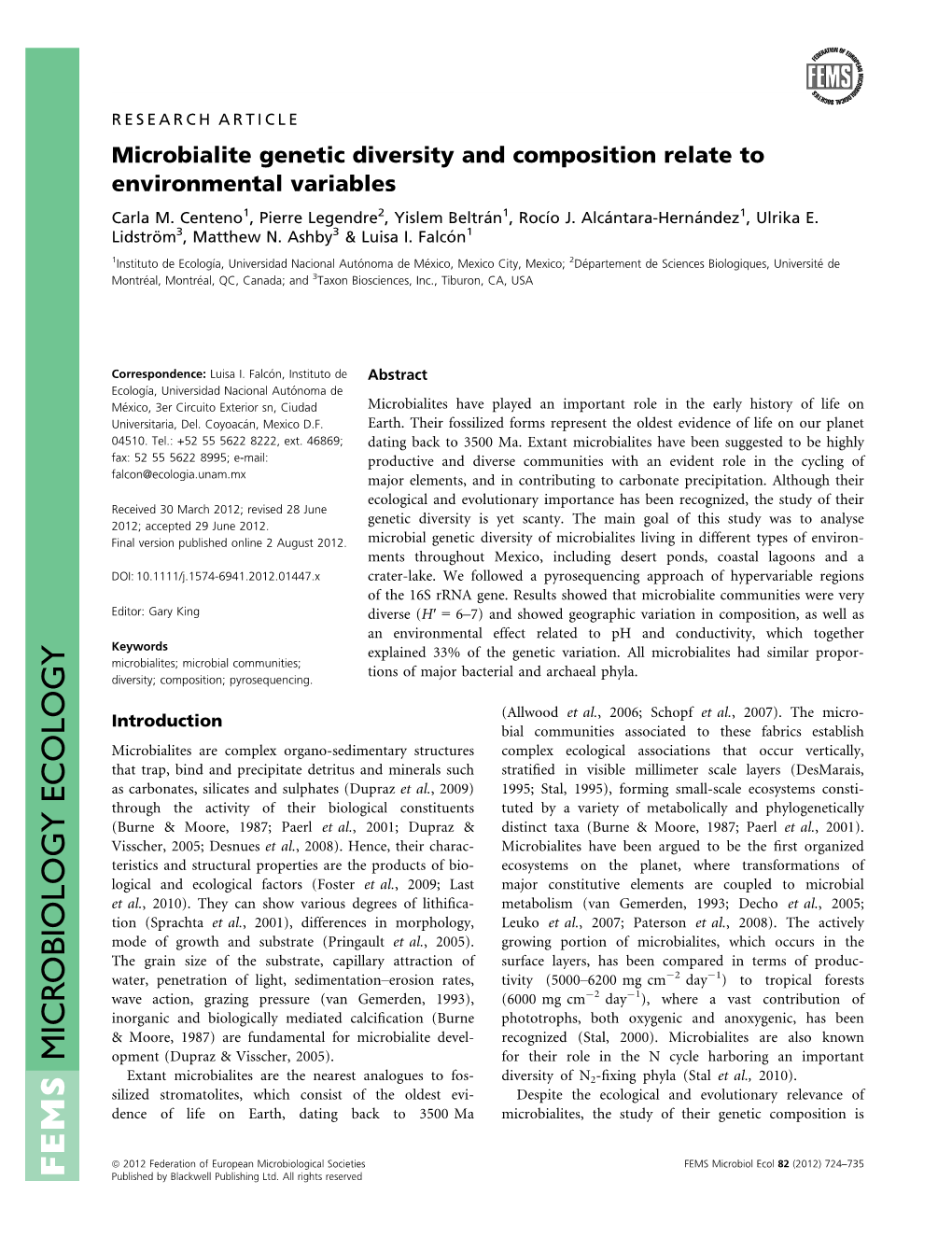 Microbialite Genetic Diversity and Composition Relate to Environmental Variables Carla M