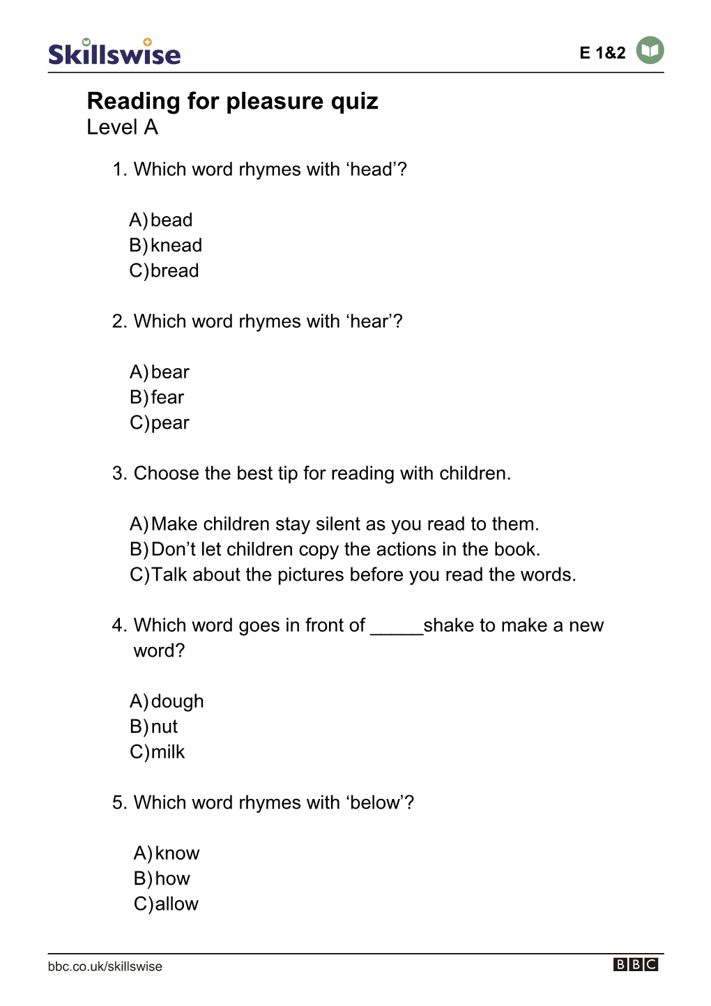 Reading for Pleasure Quiz