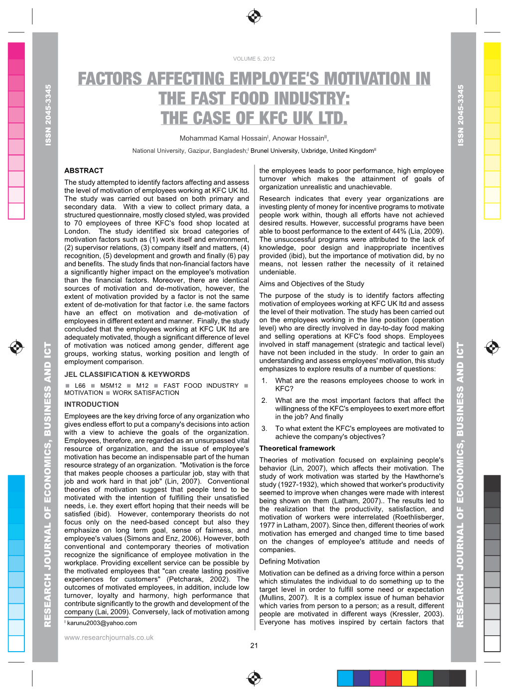 Factors Affecting Employee's Motivation in the Fast Food Industry: the Case of Kfc Uk Ltd