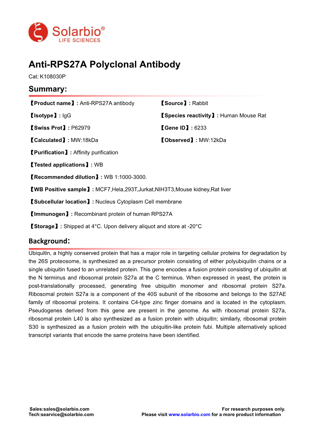 Anti-RPS27A Polyclonal Antibody Cat: K108030P Summary