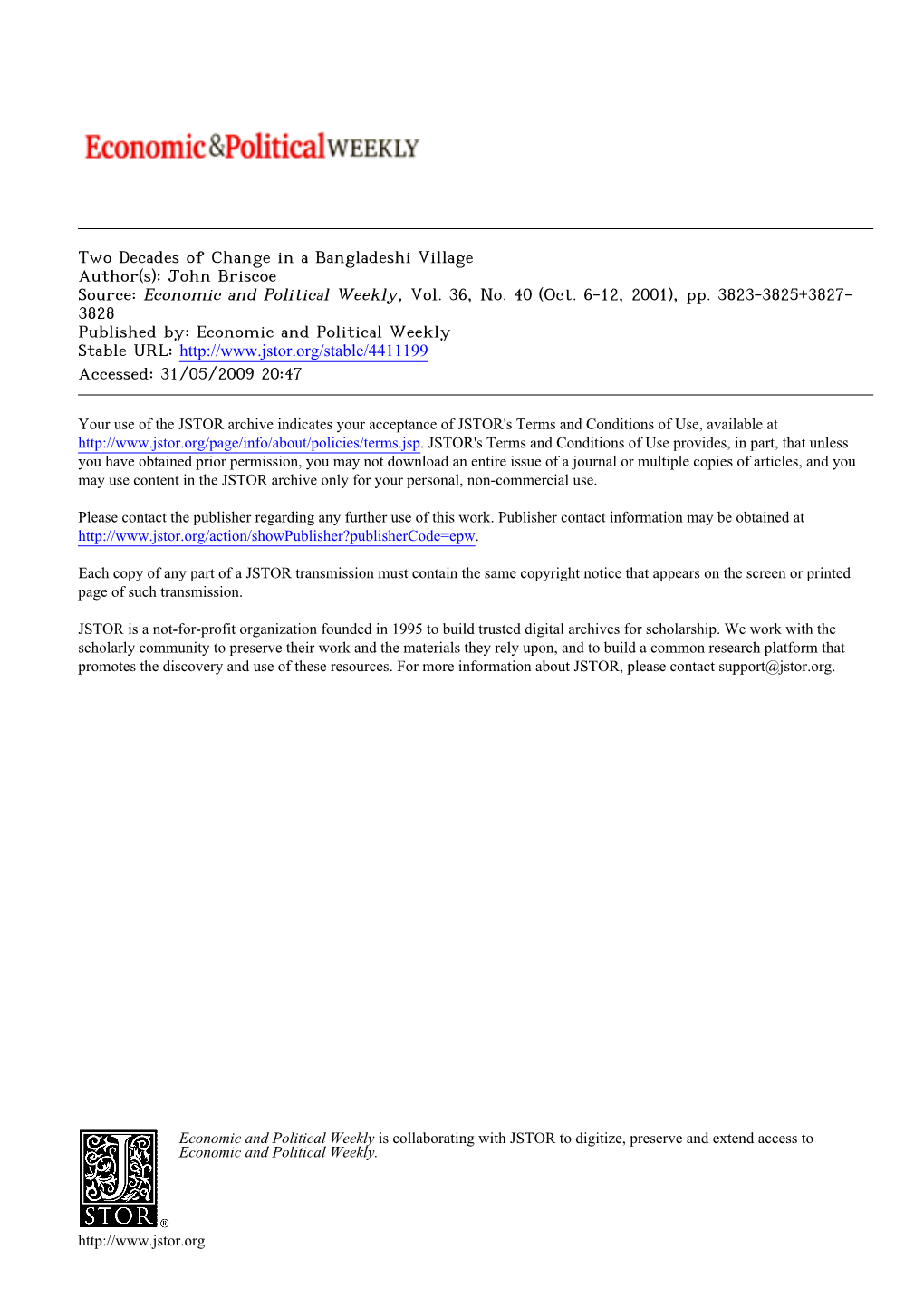 87. Briscoe, Two Decades of Change in a Bangladeshi Village, Econ&Political Weekly 2001, Reprinted In