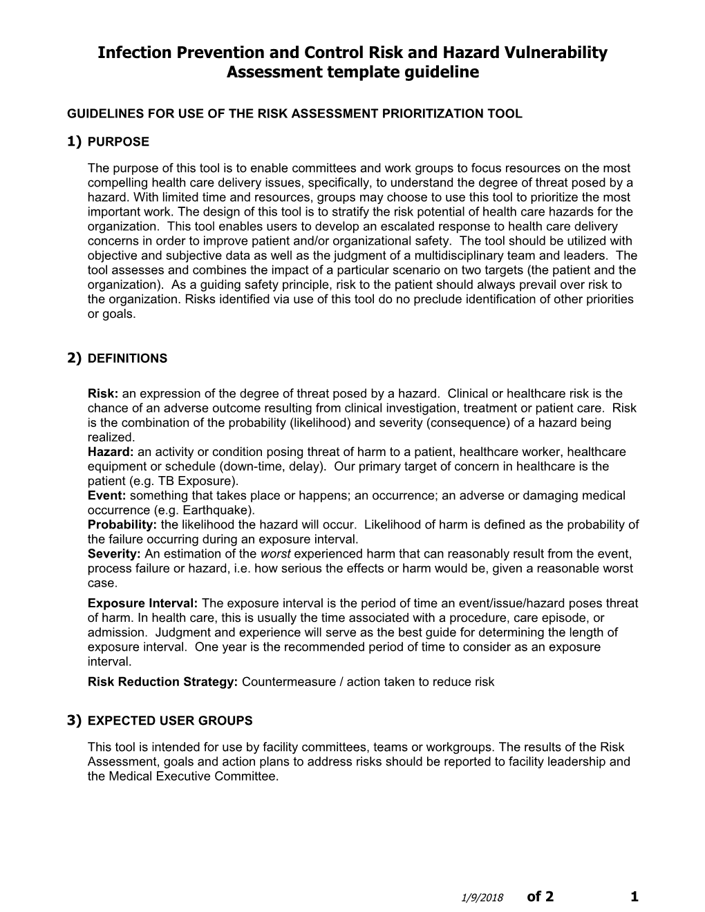 Infection Prevention and Control Risk and Hazard Vulnerability Assessment Template Guideline