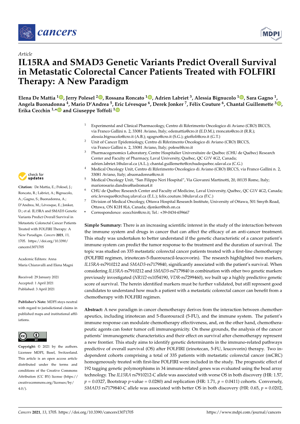 IL15RA and SMAD3 Genetic Variants Predict Overall Survival in Metastatic Colorectal Cancer Patients Treated with FOLFIRI Therapy: a New Paradigm