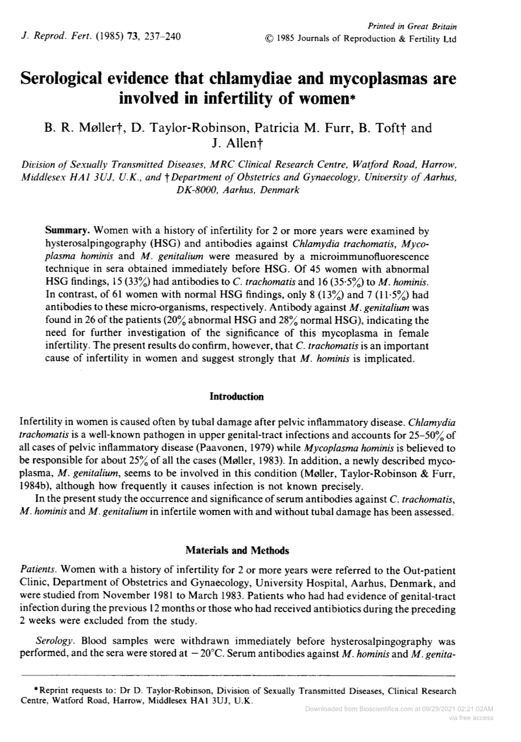 Serological Evidence That Chlamydiae and Mycoplasmas Are Involved in Infertility of Women B