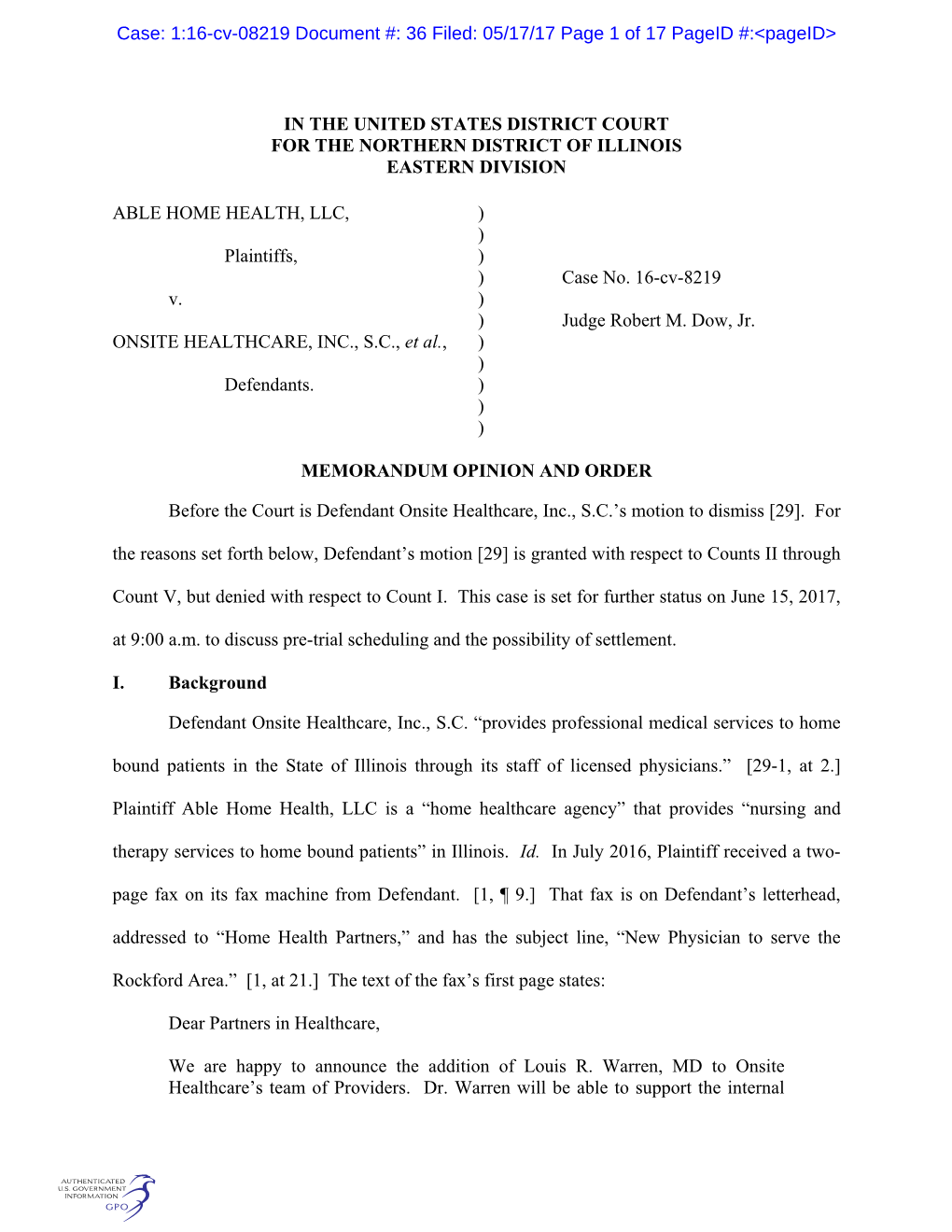 1:16-Cv-08219 Document #: 36 Filed: 05/17/17 Page 1 of 17 Pageid