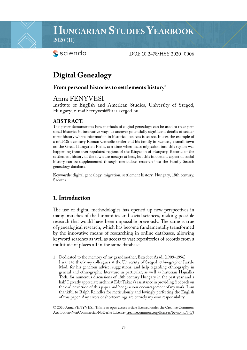 HUNGARIAN STUDIES YEARBOOK Digital Genealogy