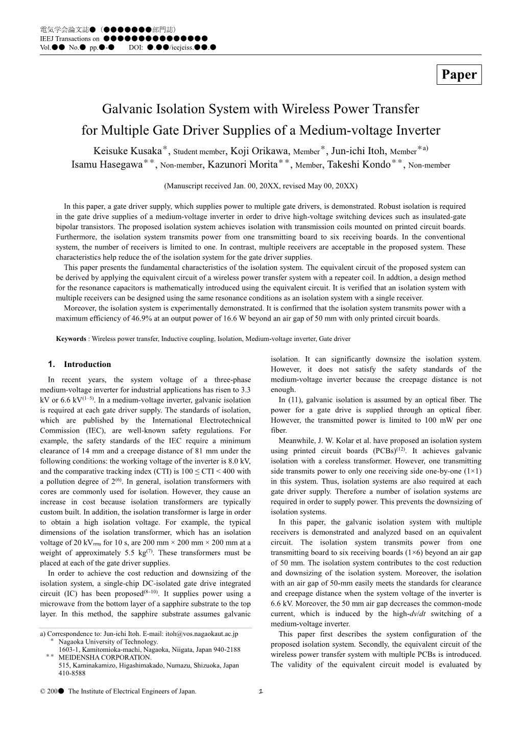 Galvanic Isolation System with Wireless Power Transfer for Multiple Gate Driver Supplies of a Medium-Voltage Inverter Paper