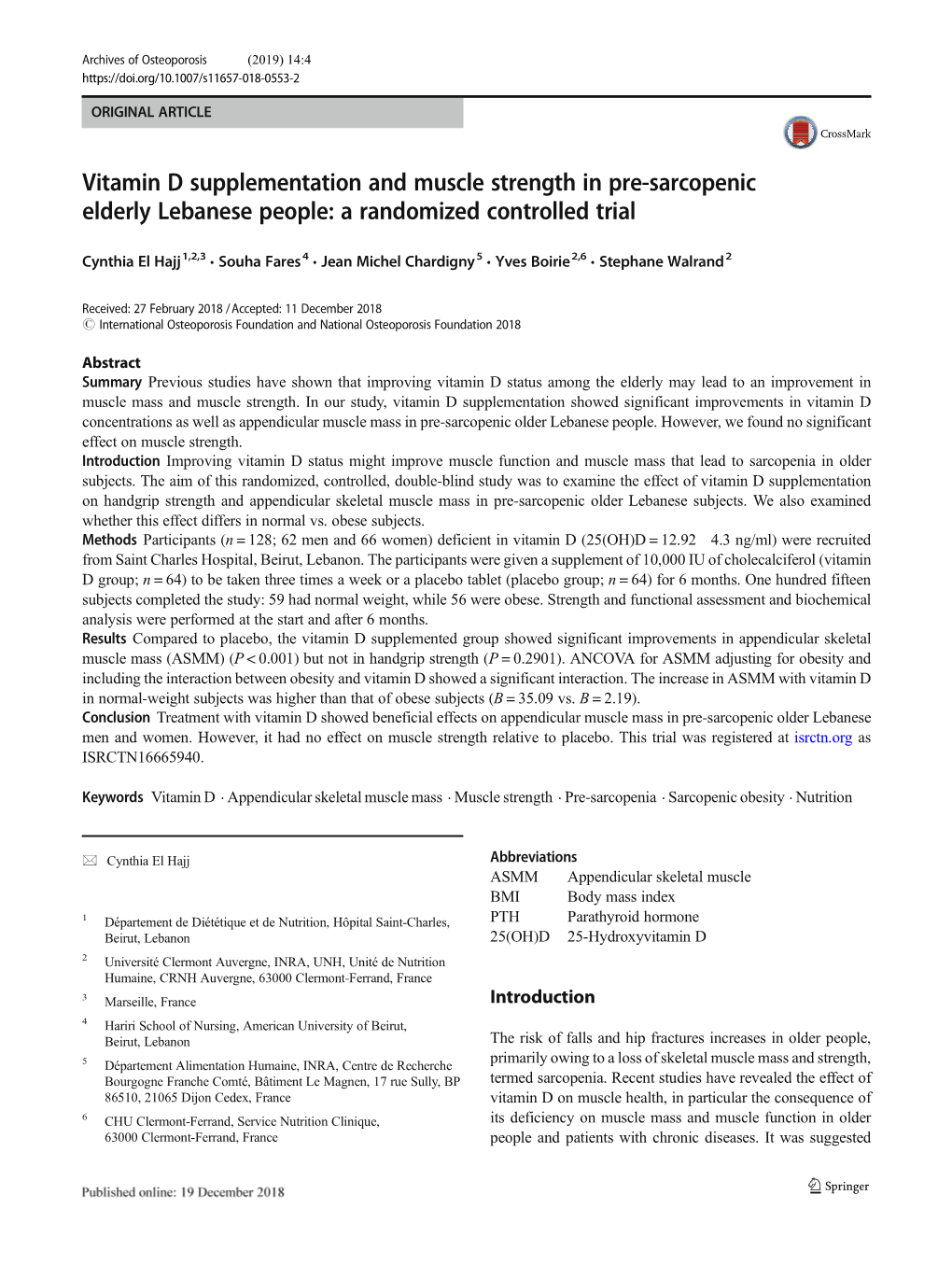 Vitamin D Supplementation and Muscle Strength in Pre-Sarcopenic Elderly Lebanese People: a Randomized Controlled Trial