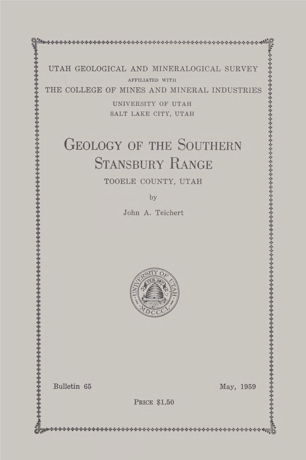 Geology of the Southern Stansbury Range Tooele County Utah