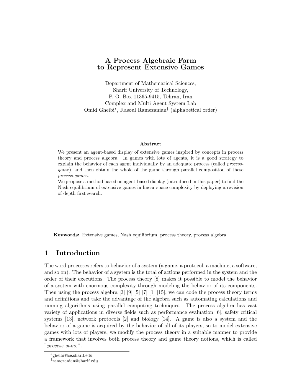 A Process Algebraic Form to Represent Extensive Games 1