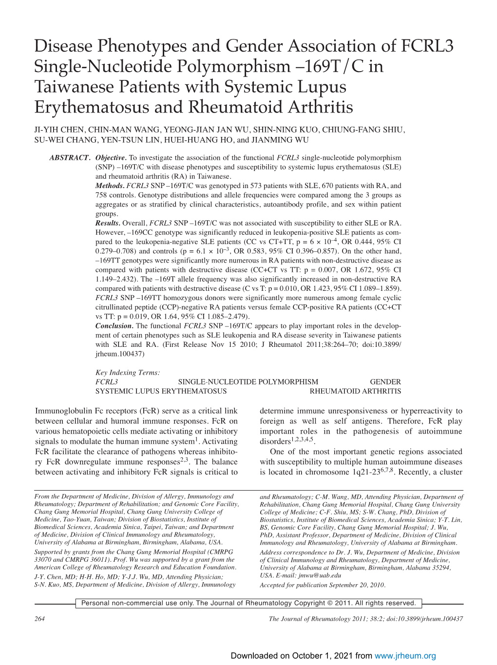 Disease Phenotypes and Gender Association of FCRL3 Single