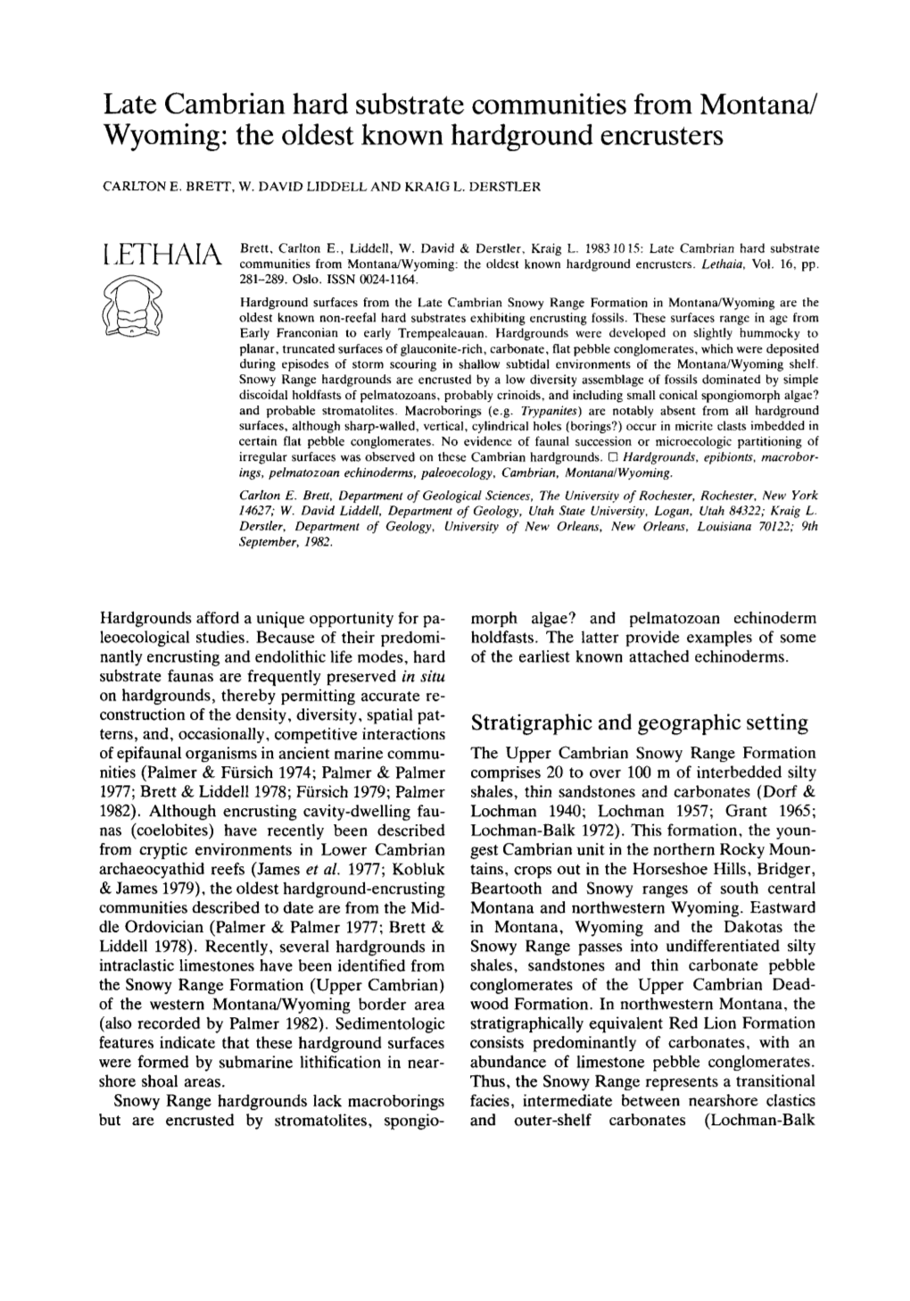 Late Cambrian Hard Substrate Communities from Montana/ Wyoming: the Oldest Known Hardground Encrusters