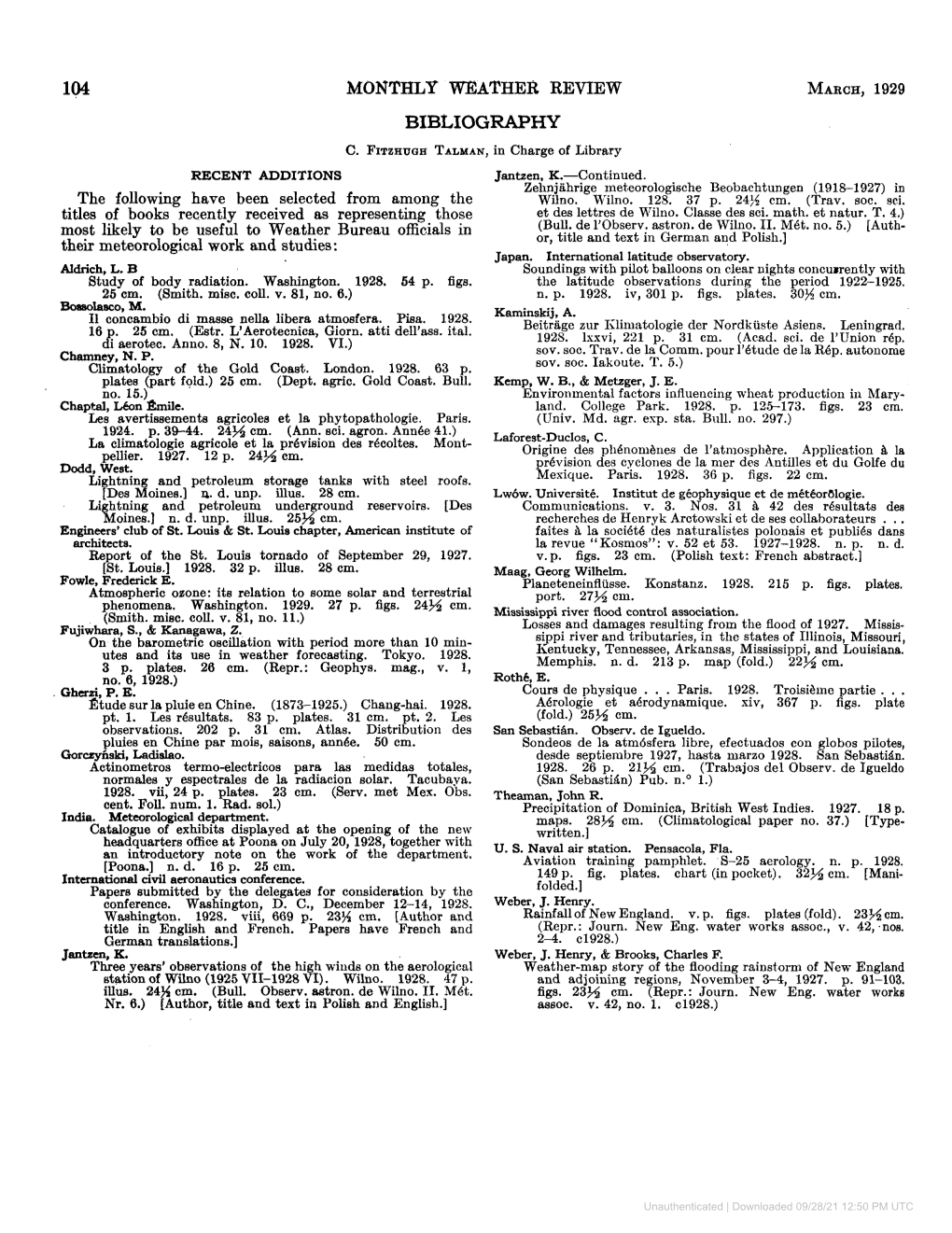 Monthly Weather Review March, 1929 Bibliography