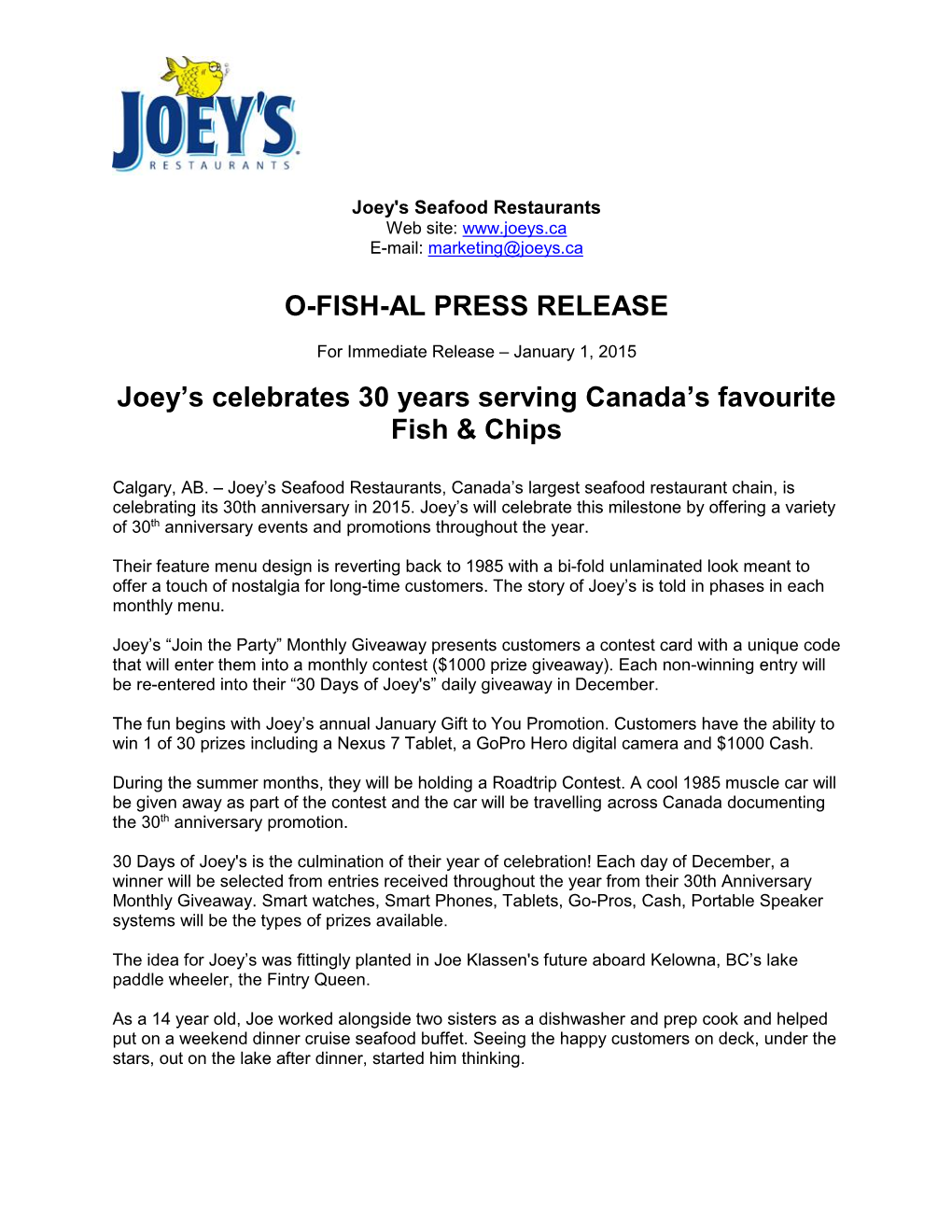 O-FISH-AL PRESS RELEASE Joey's Celebrates 30 Years Serving