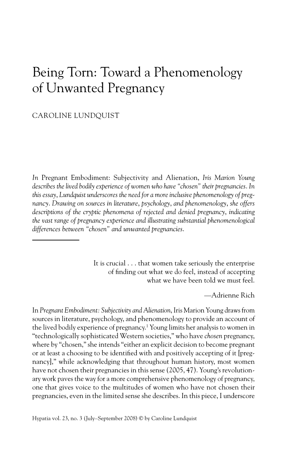 Toward a Phenomenology of Unwanted Pregnancy