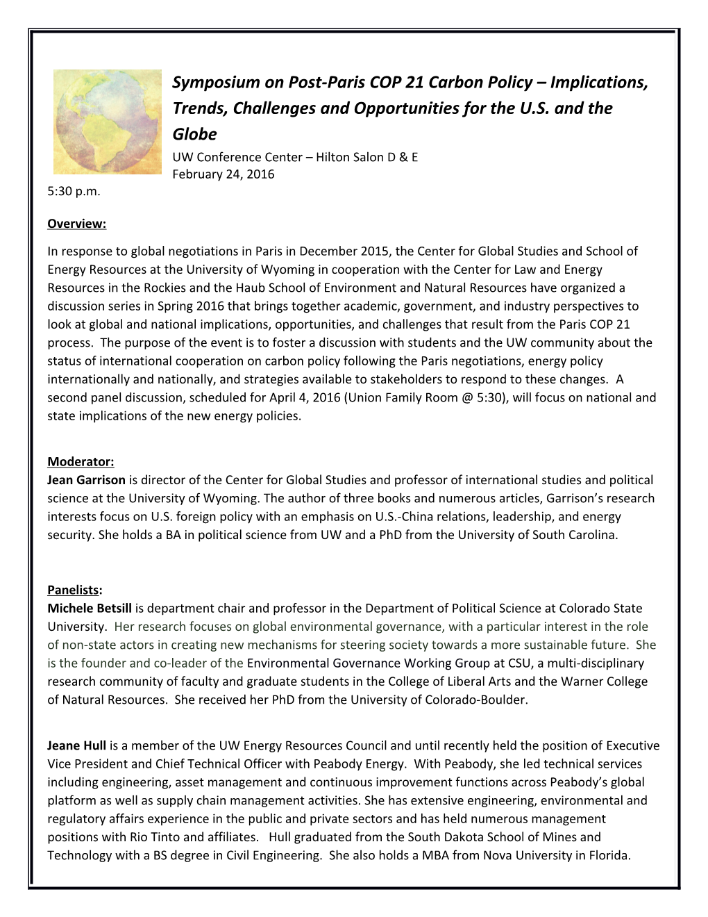 Symposium on Post-Paris COP 21 Carbon Policy Implications, Trends, Challenges and Opportunities