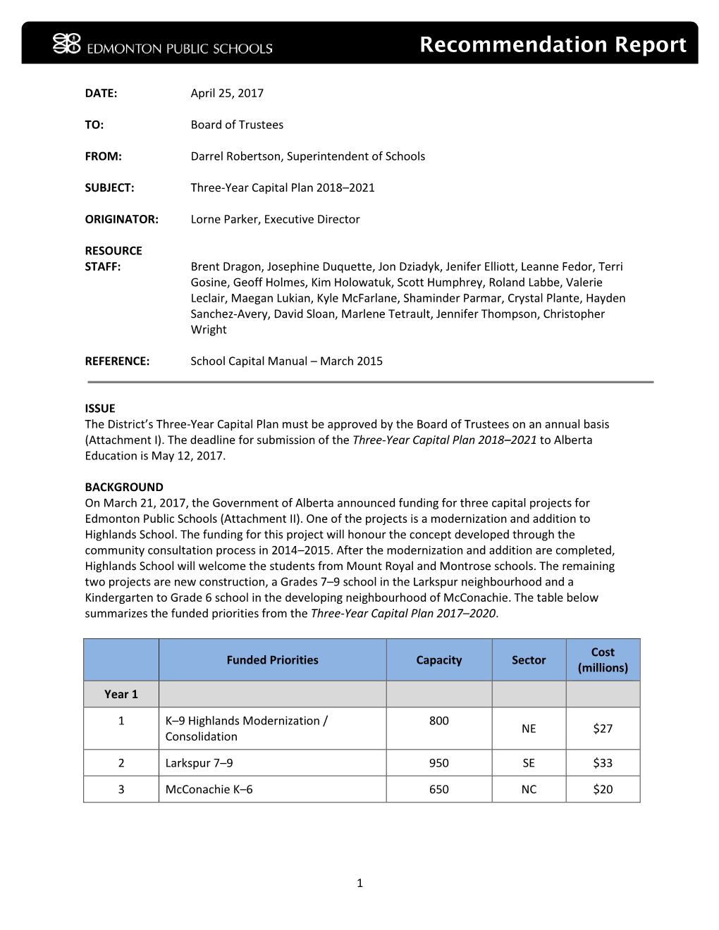 Three-Year Capital Plan 2018-2021