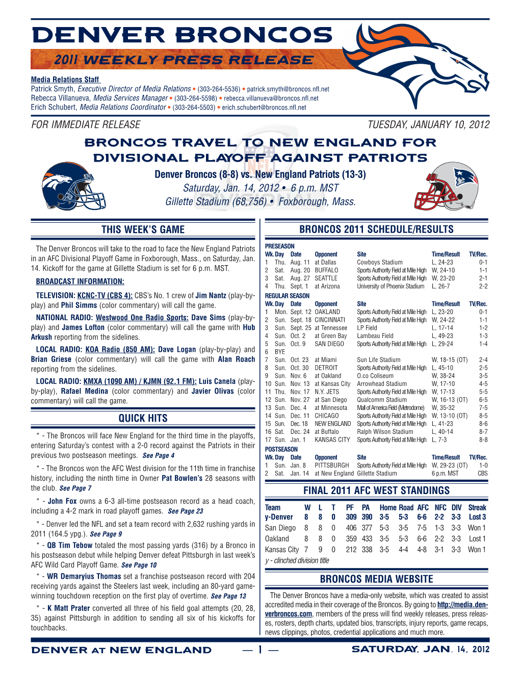 Denver Broncos 2011 Weekly Press Release