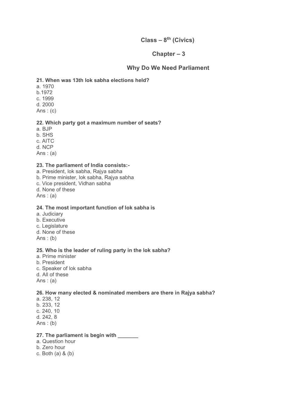 Class – 8Th (Civics) Chapter – 3 Why Do We Need Parliament