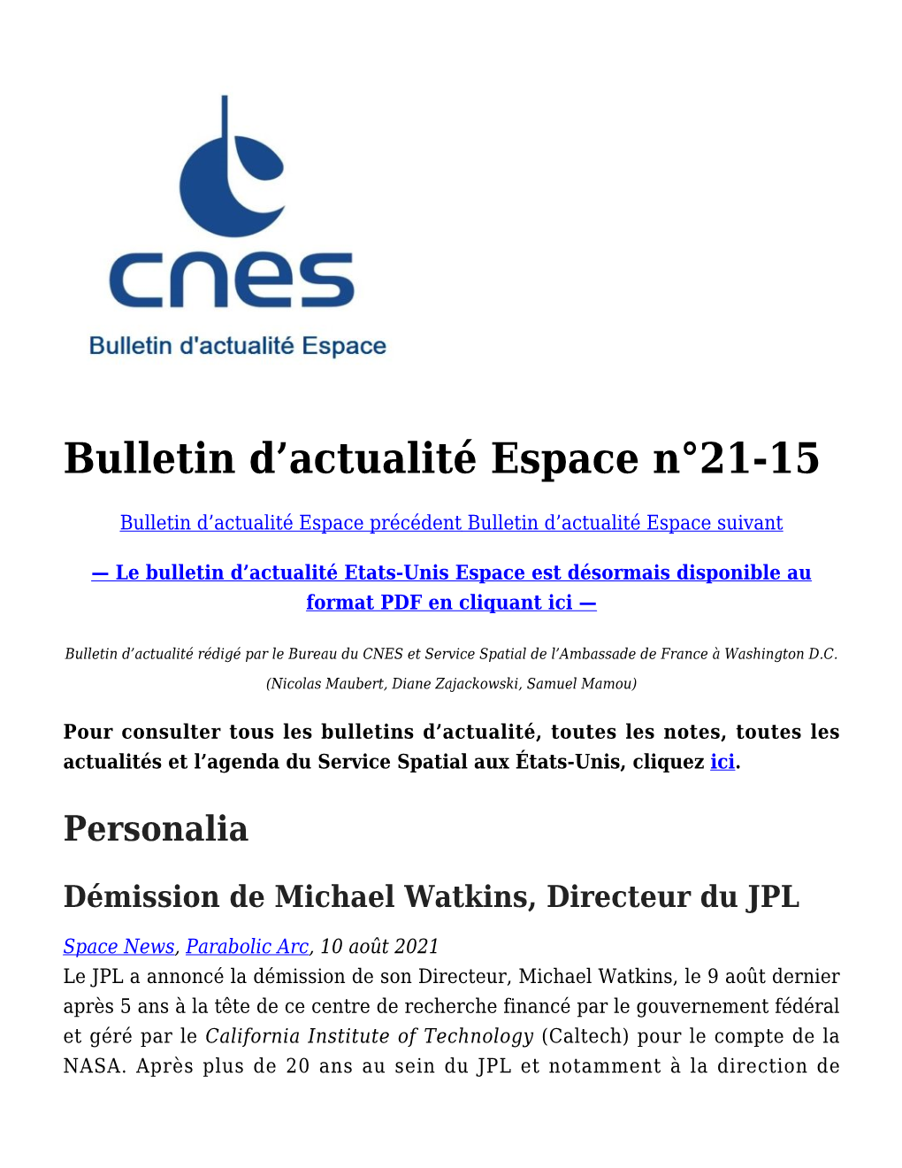 Bulletin D&Rsquo;Actualité Espace N°21-15