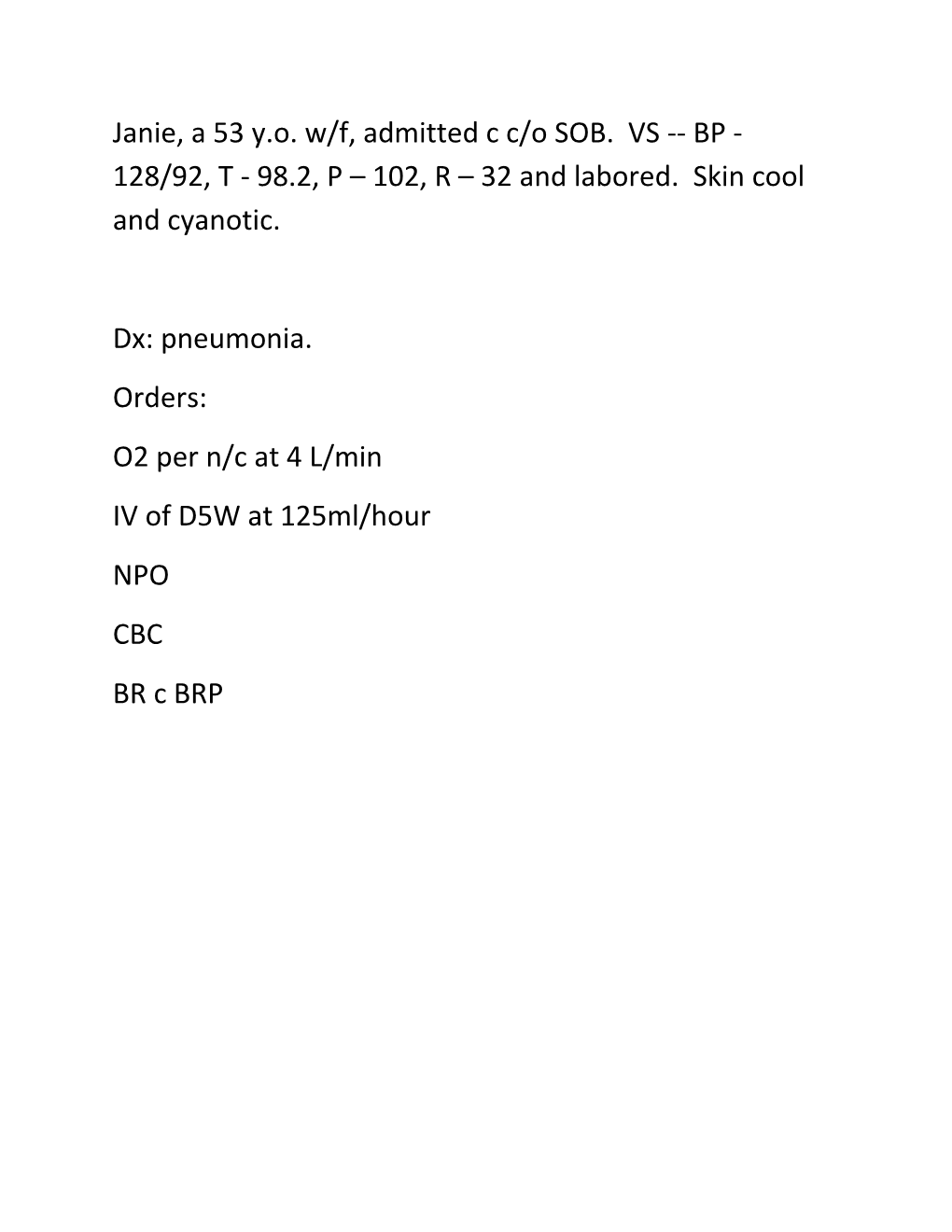 Janie, a 53 Y.O. W/F, Admitted C C/O SOB. VS BP - 128/92, T - 98.2, P 102, R 32 and Labored