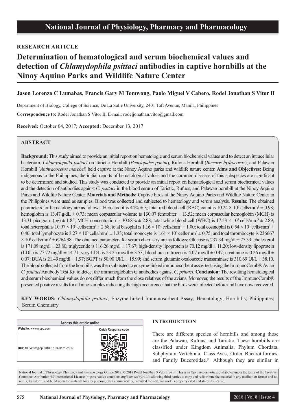 Determination of Hematological and Serum Biochemical Values And