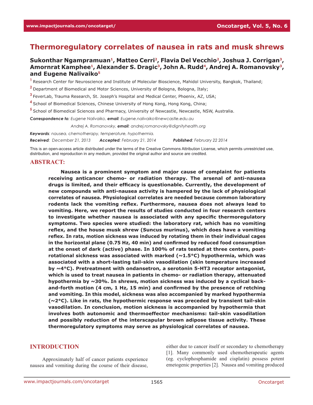 Thermoregulatory Correlates of Nausea in Rats and Musk Shrews