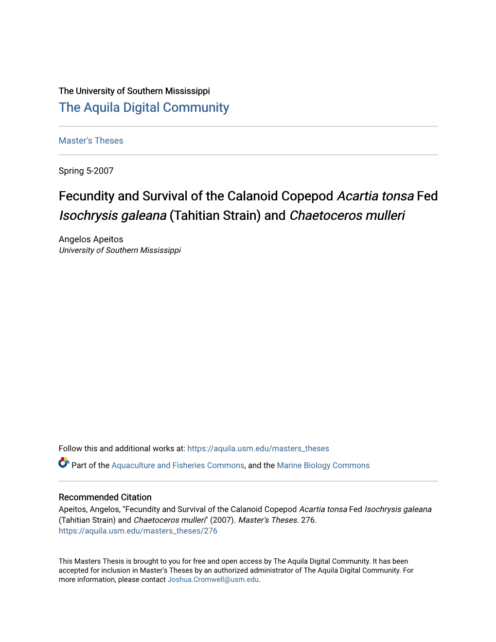 Fecundity and Survival of the Calanoid Copepod <I>Acartia Tonsa