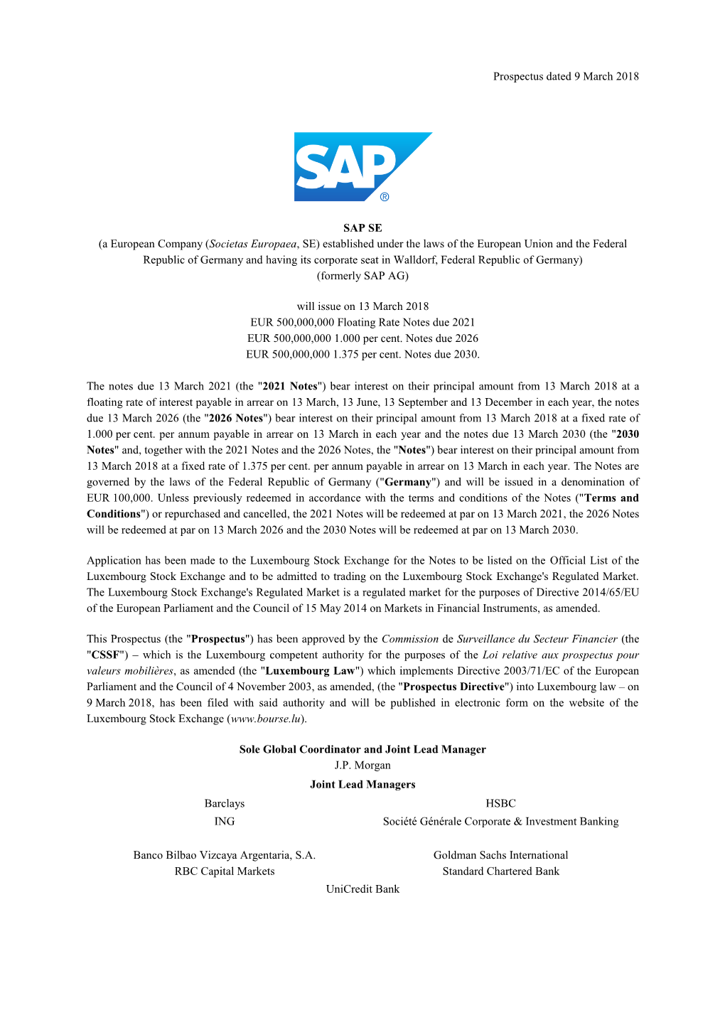 Prospectus Dated 9 March 2018 SAP SE