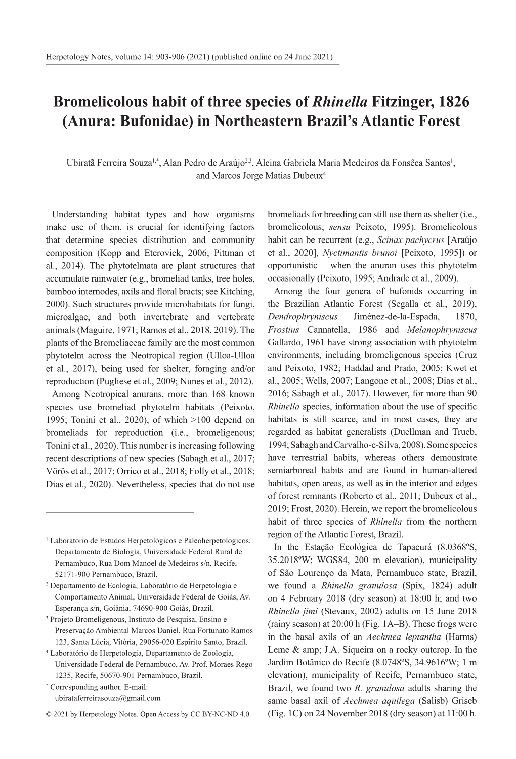 Bromelicolous Habit of Three Species of Rhinella Fitzinger, 1826 (Anura: Bufonidae) in Northeastern Brazil’S Atlantic Forest