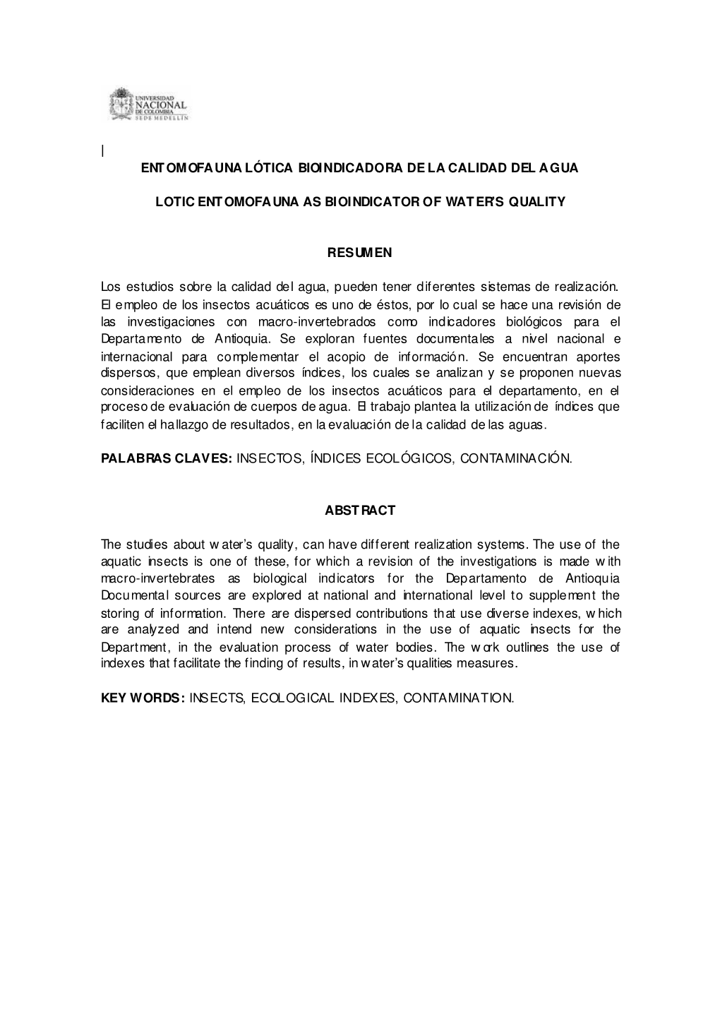 Entomofauna Lótica Bioindicadora De La Calidad Del Agua