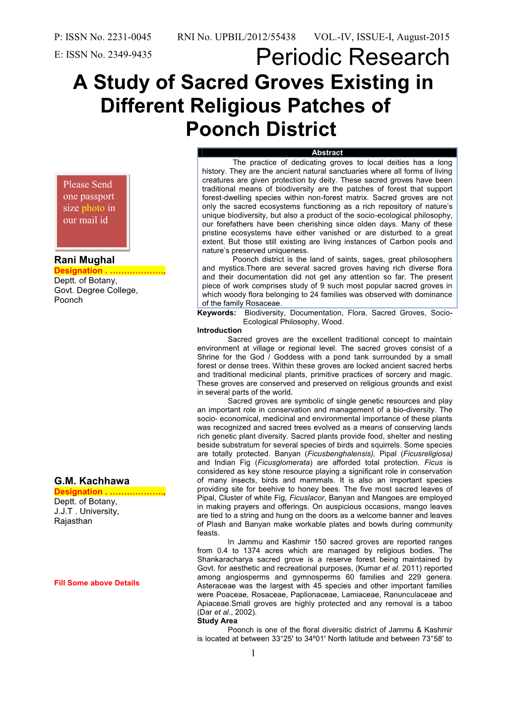 A Study of Sacred Groves Existing in Different Religious Patches of Poonch District