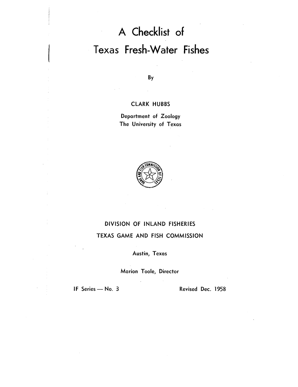 A Checklist of Texas Fresh-Water Fishes By