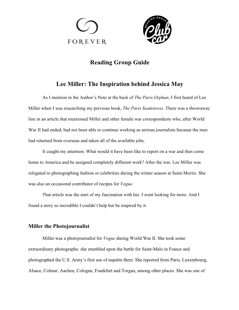 Reading Group Guide Lee Miller: the Inspiration Behind Jessica