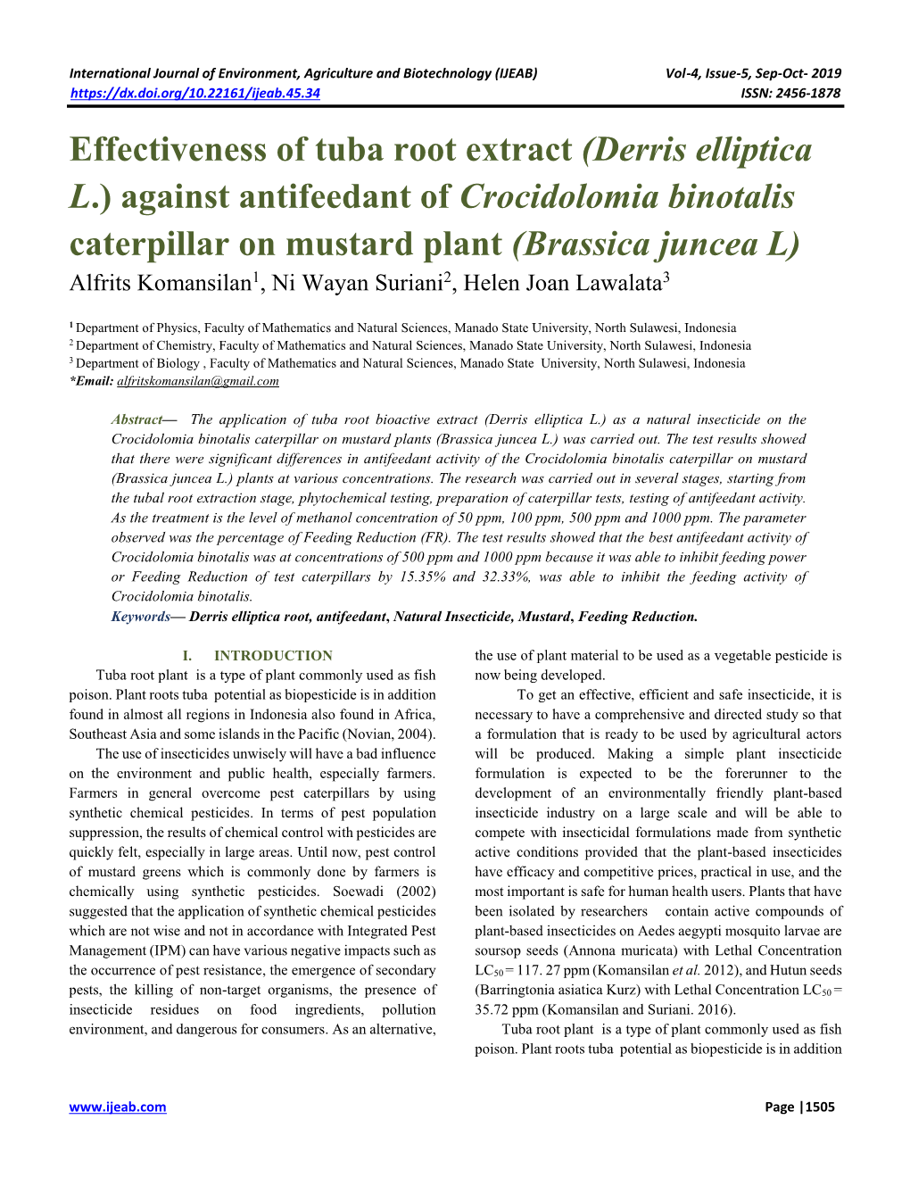 Effectiveness of Tuba Root Extract (Derris Elliptica L.) Against Antifeedant of Crocidolomia Binotalis Caterpillar on Mustard Pl