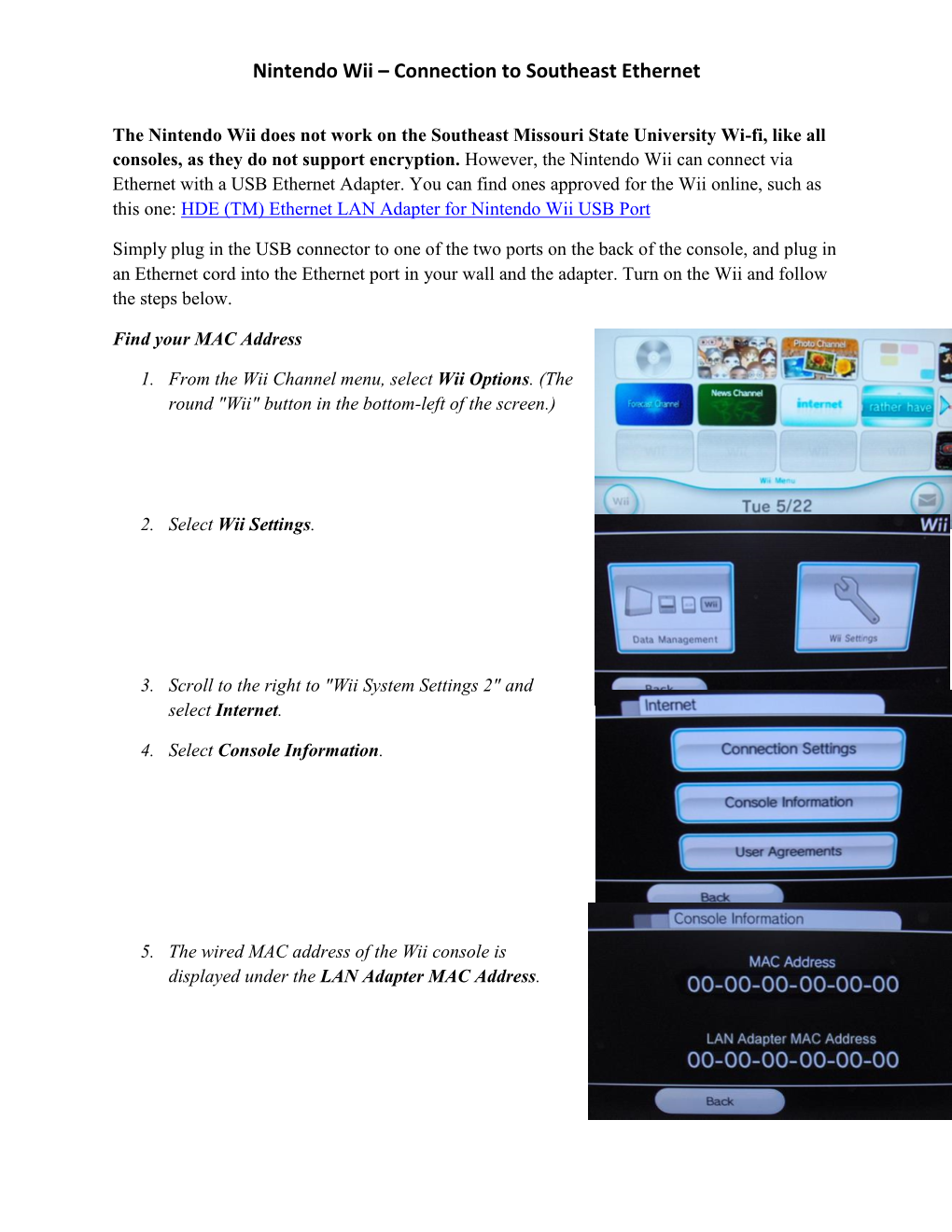 Nintendo Wii – Connection to Southeast Ethernet