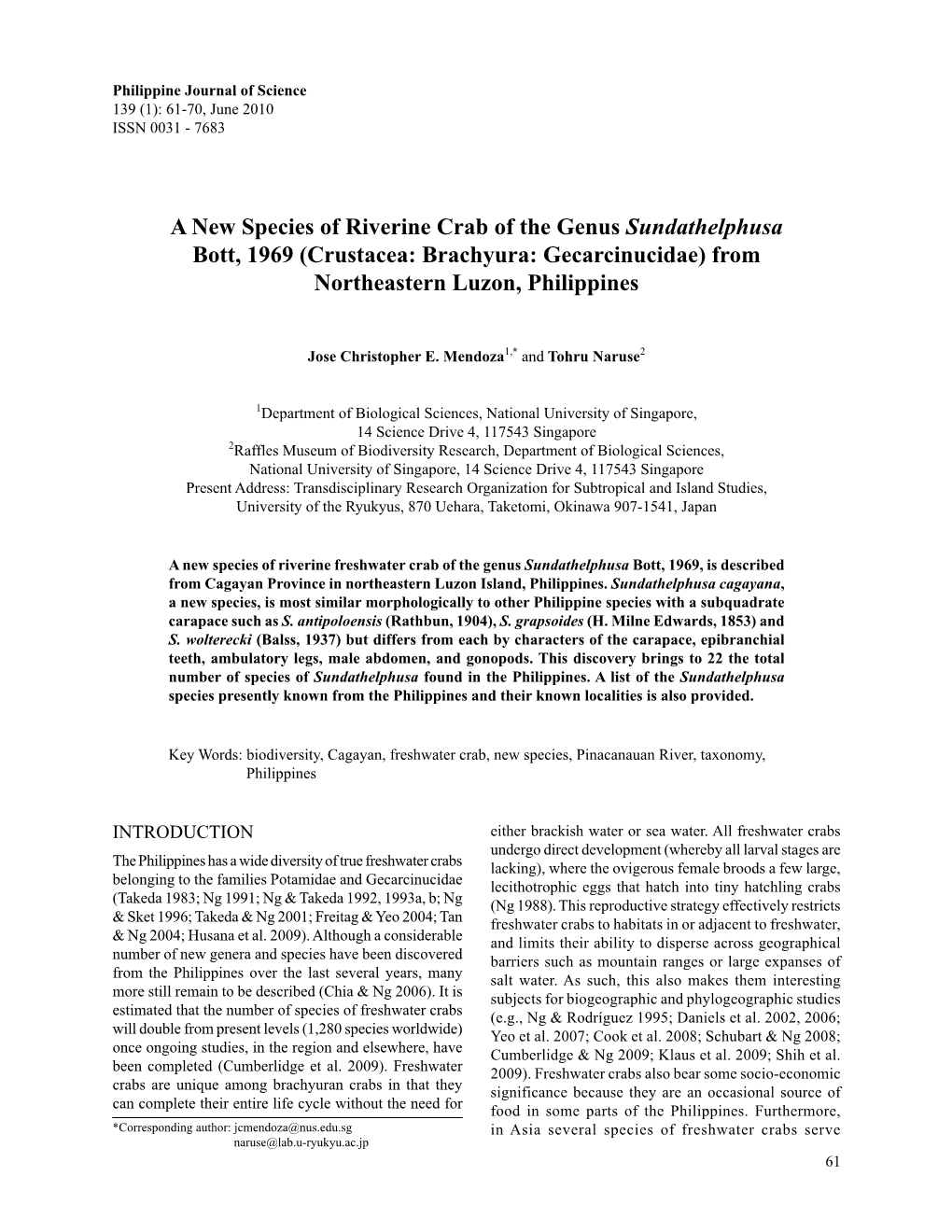 A New Species of Riverine Crab of the Genus Sundathelphusa Bott, 1969 (Crustacea: Brachyura: Gecarcinucidae) from Northeastern Luzon, Philippines