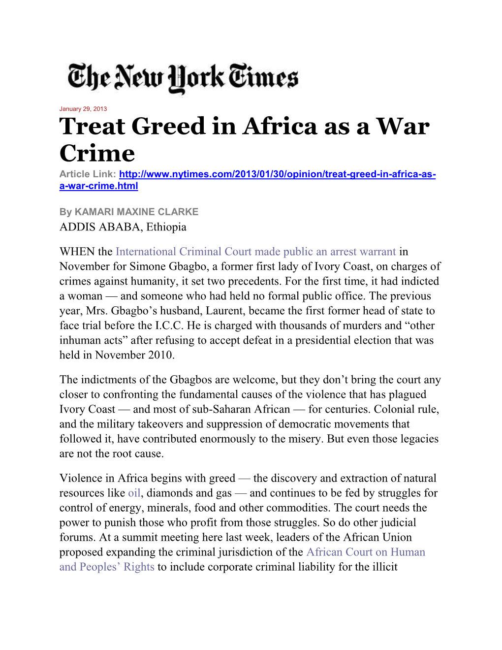 Treat Greed in Africa As a War Crime Article Link: A-War-Crime.Html